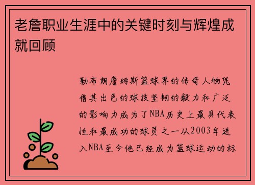 老詹职业生涯中的关键时刻与辉煌成就回顾 老詹职业生涯中的关键时刻与辉煌成就回顾