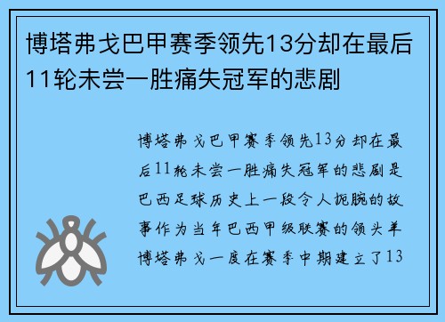 博塔弗戈巴甲赛季领先13分却在最后11轮未尝一胜痛失冠军的悲剧