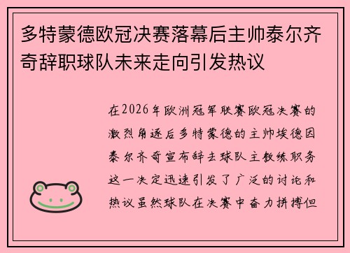 多特蒙德欧冠决赛落幕后主帅泰尔齐奇辞职球队未来走向引发热议